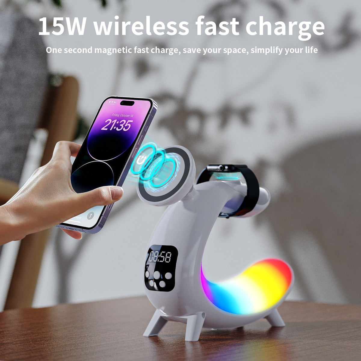 6-in-1 Wireless Charging Station with Clock, Speaker & Night Light