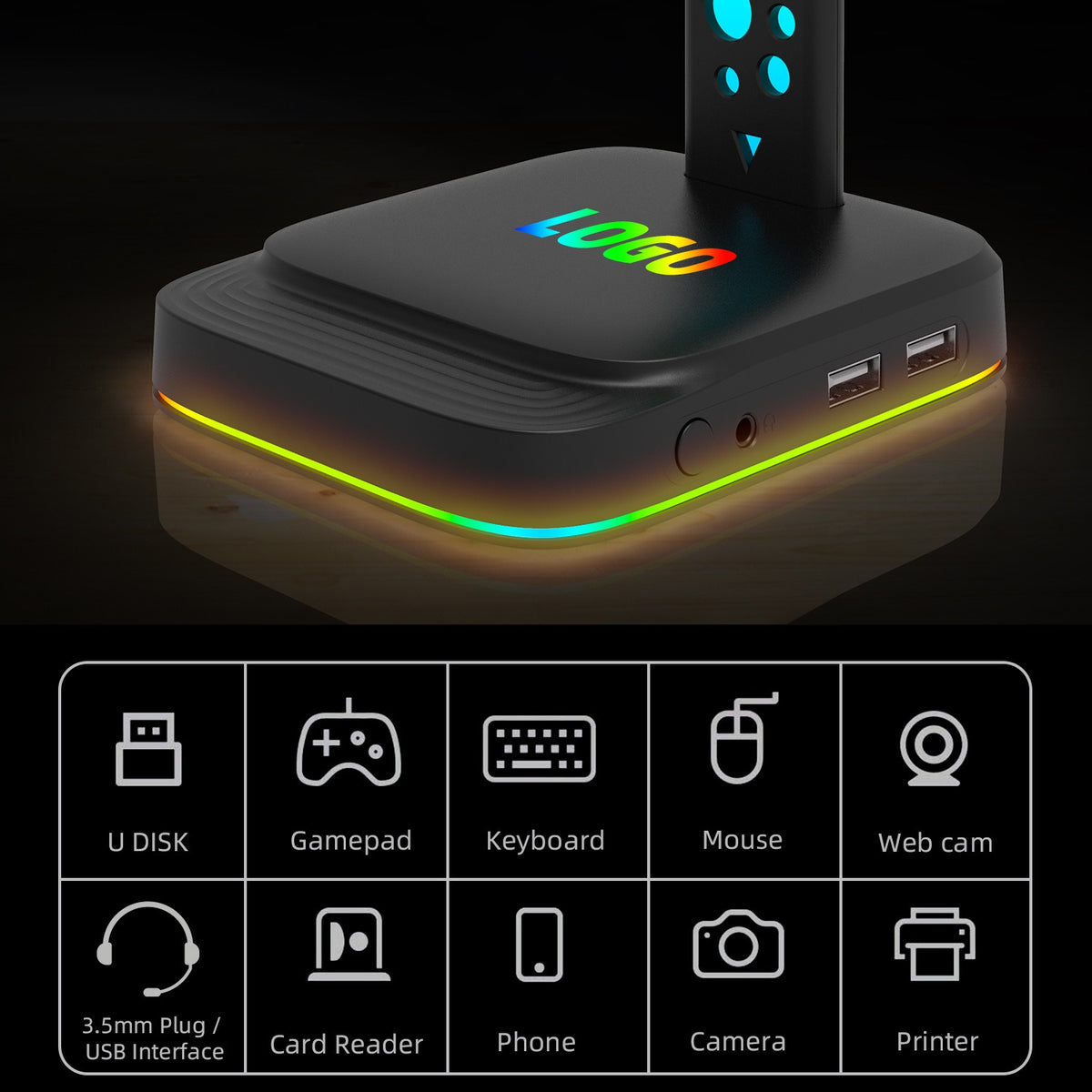RGB Headphone Stand with AUX 3.5mm & USB Hub