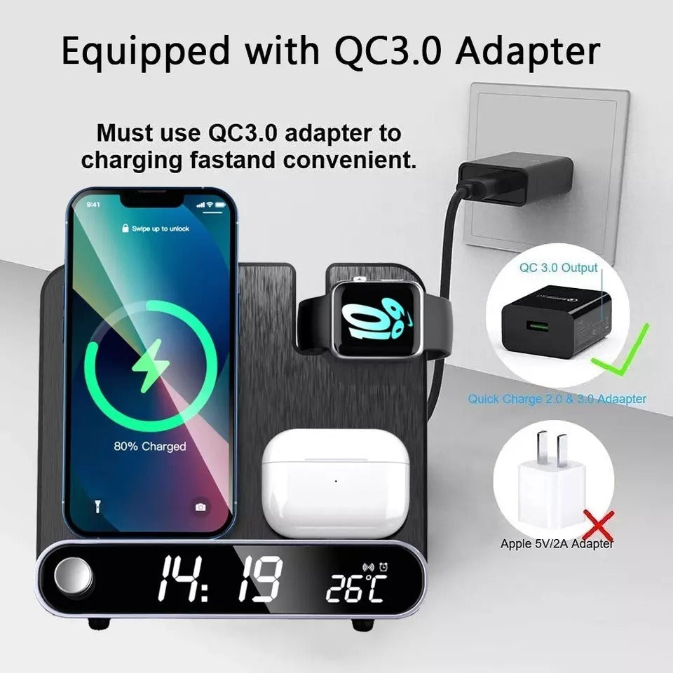 15W Wireless Charging Station with Clock & Thermometer