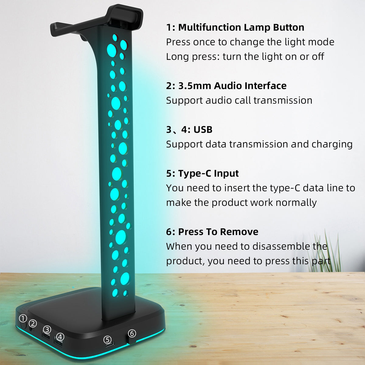 RGB Headphone Stand with AUX 3.5mm & USB Hub