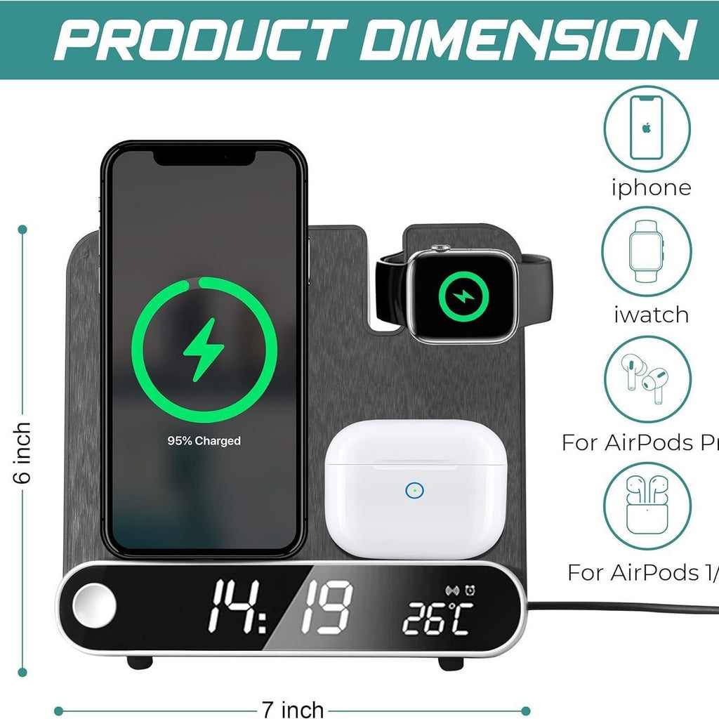 15W Wireless Charging Station with Clock & Thermometer