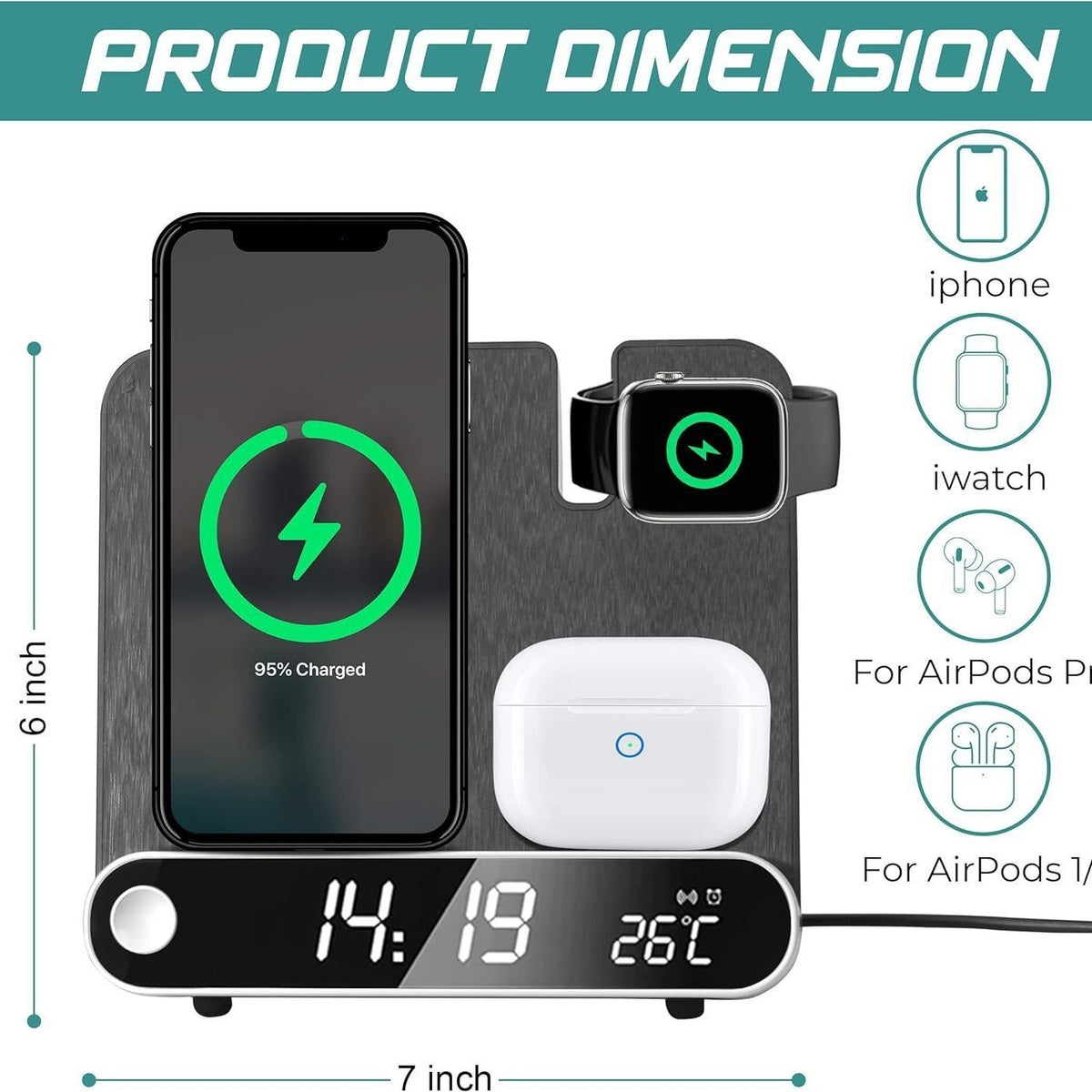 15W Wireless Charging Station with Clock & Thermometer
