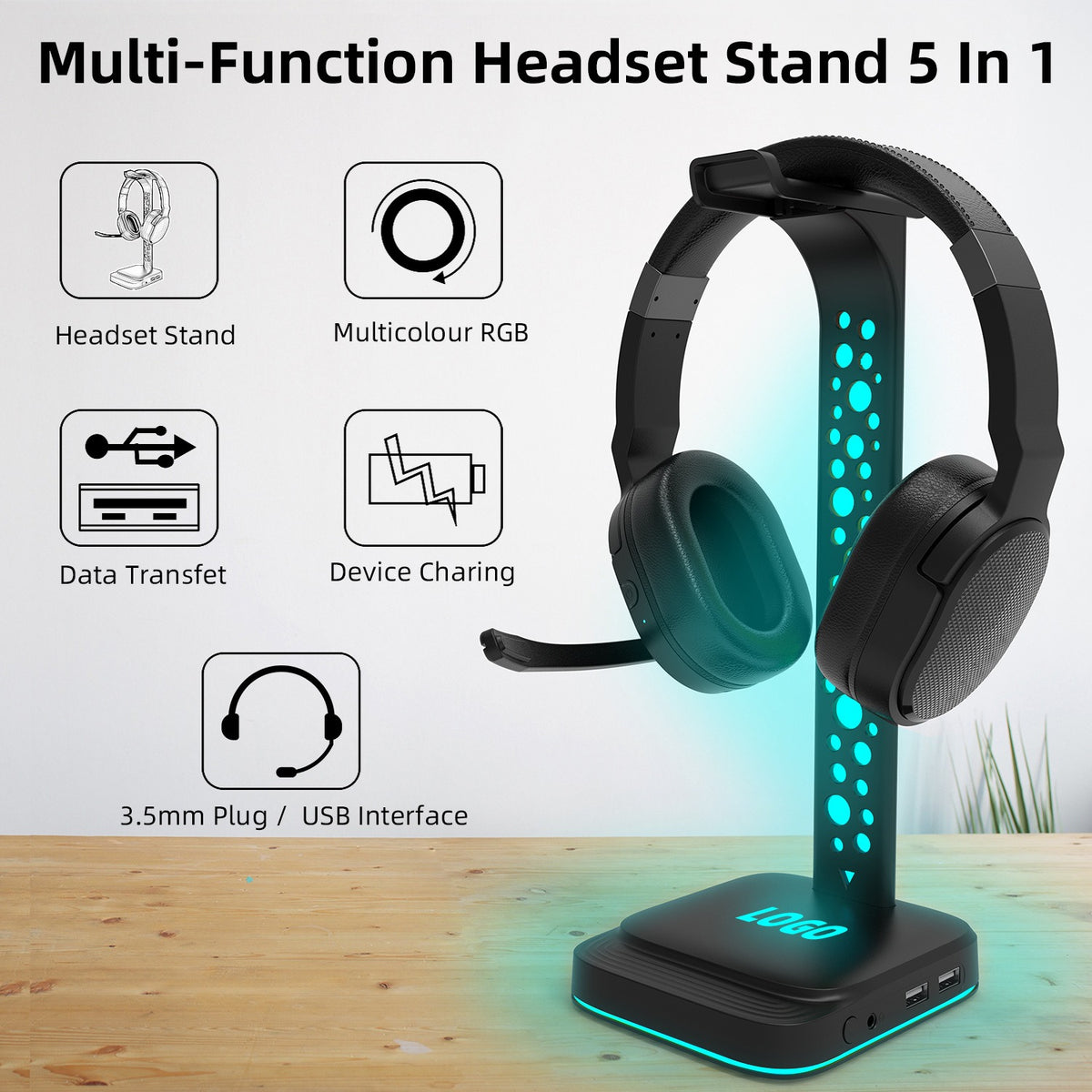 RGB Headphone Stand with AUX 3.5mm & USB Hub